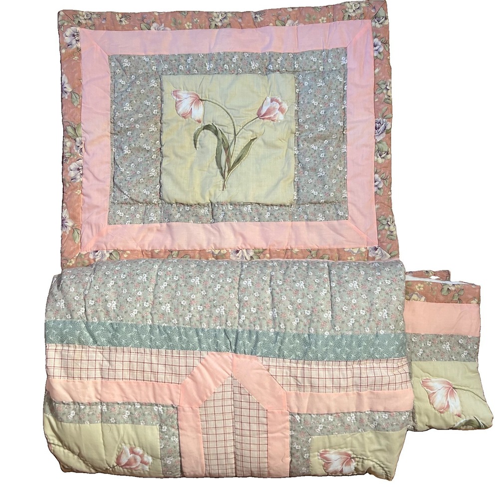 Vintage Sunham Queen Comforter Shams Tulip Floral Patchwork Sage Pink Cottage